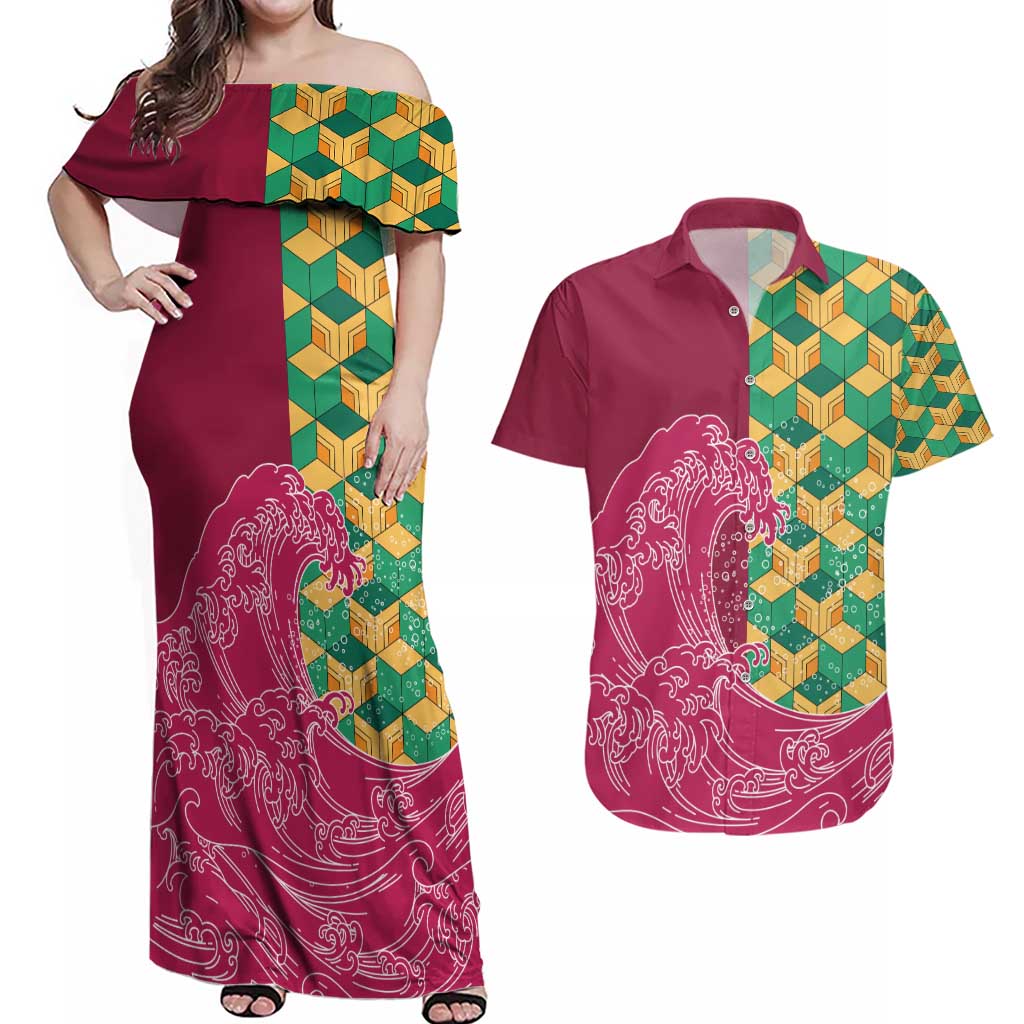 Japanese Bishamon-Kikkou Pattern Couples Matching Off Shoulder Maxi Dress and Hawaiian Shirt Water Pillar Silent River Flow LT9 Burgundy - Polynesian Pride