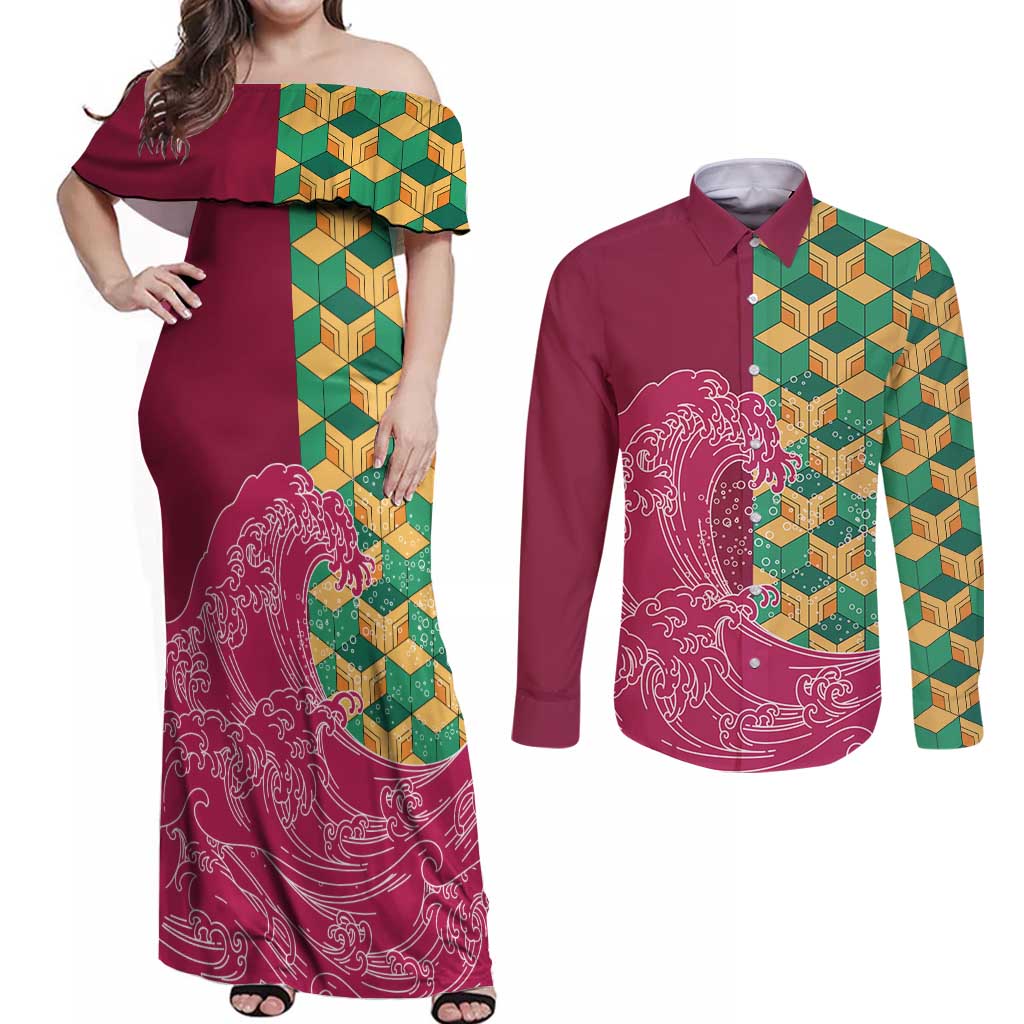 Japanese Bishamon-Kikkou Pattern Couples Matching Off Shoulder Maxi Dress and Long Sleeve Button Shirt Water Pillar Silent River Flow LT9 Burgundy - Polynesian Pride