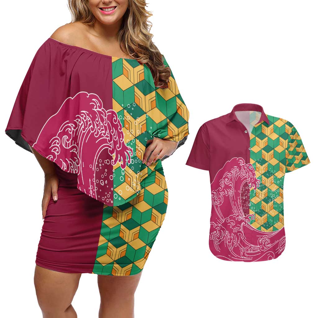 Japanese Bishamon-Kikkou Pattern Couples Matching Off Shoulder Short Dress and Hawaiian Shirt Water Pillar Silent River Flow LT9 Burgundy - Polynesian Pride