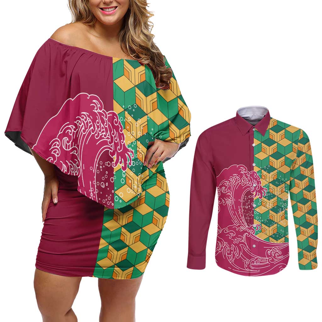 Japanese Bishamon-Kikkou Pattern Couples Matching Off Shoulder Short Dress and Long Sleeve Button Shirt Water Pillar Silent River Flow LT9 Burgundy - Polynesian Pride