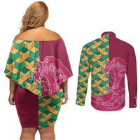 Japanese Bishamon-Kikkou Pattern Couples Matching Off Shoulder Short Dress and Long Sleeve Button Shirt Water Pillar Silent River Flow - Polynesian Pride