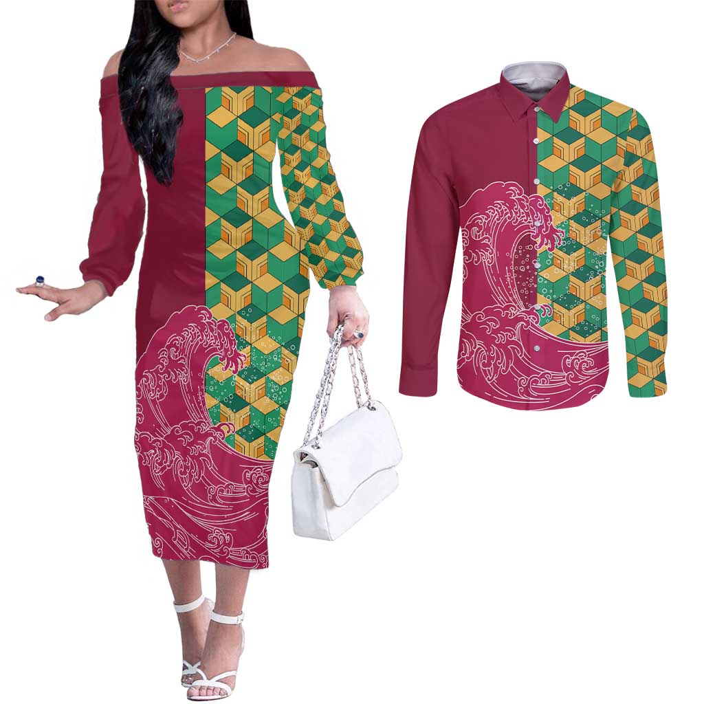 Japanese Bishamon-Kikkou Pattern Couples Matching Off The Shoulder Long Sleeve Dress and Long Sleeve Button Shirt Water Pillar Silent River Flow LT9 Burgundy - Polynesian Pride