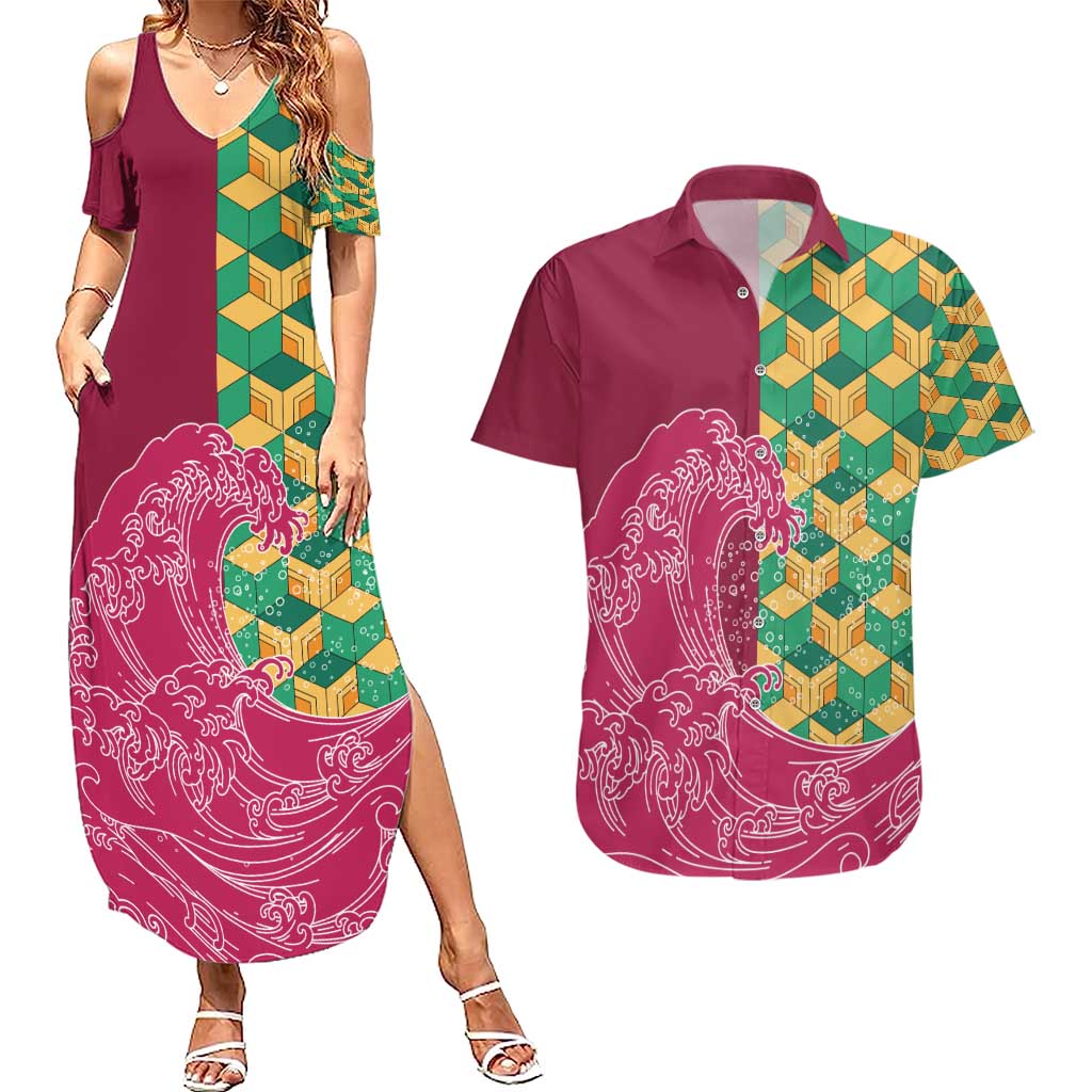 Japanese Bishamon-Kikkou Pattern Couples Matching Summer Maxi Dress and Hawaiian Shirt Water Pillar Silent River Flow LT9 Burgundy - Polynesian Pride