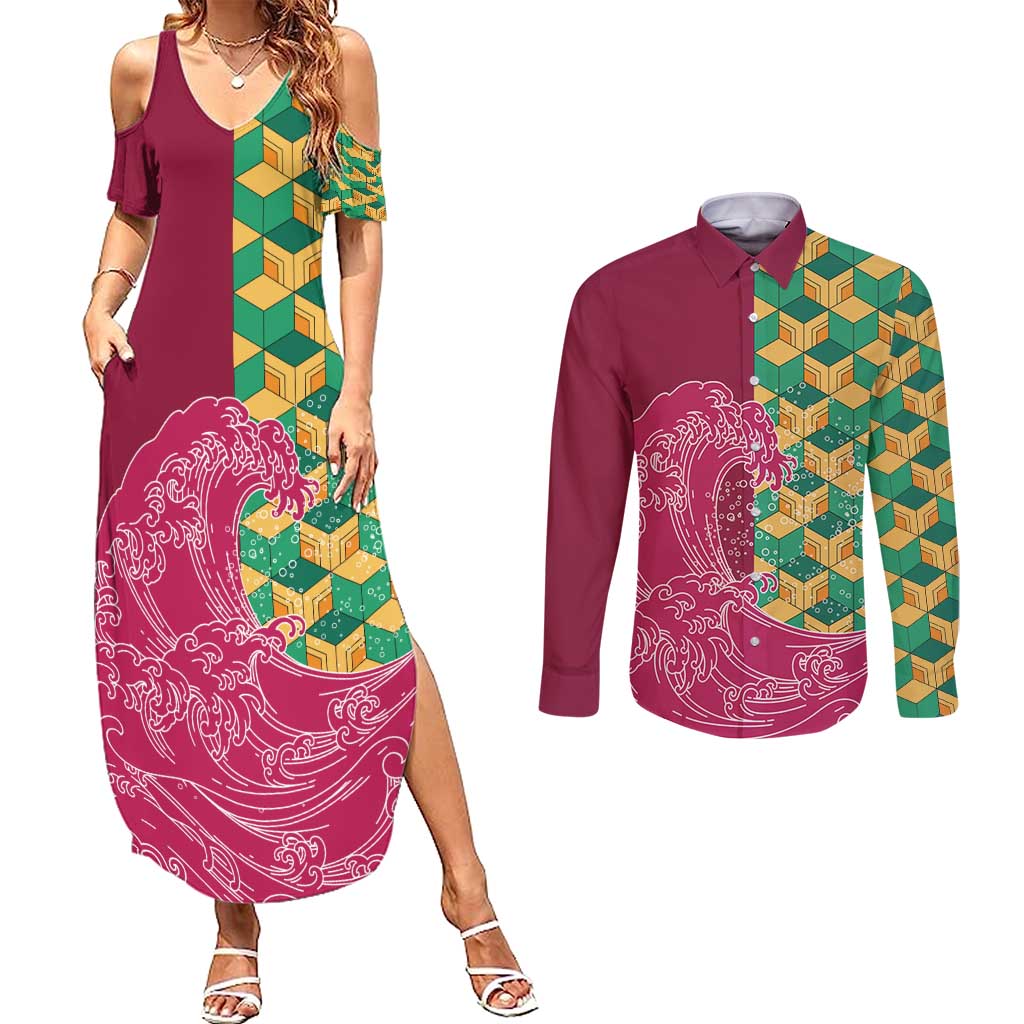 Japanese Bishamon-Kikkou Pattern Couples Matching Summer Maxi Dress and Long Sleeve Button Shirt Water Pillar Silent River Flow LT9 Burgundy - Polynesian Pride