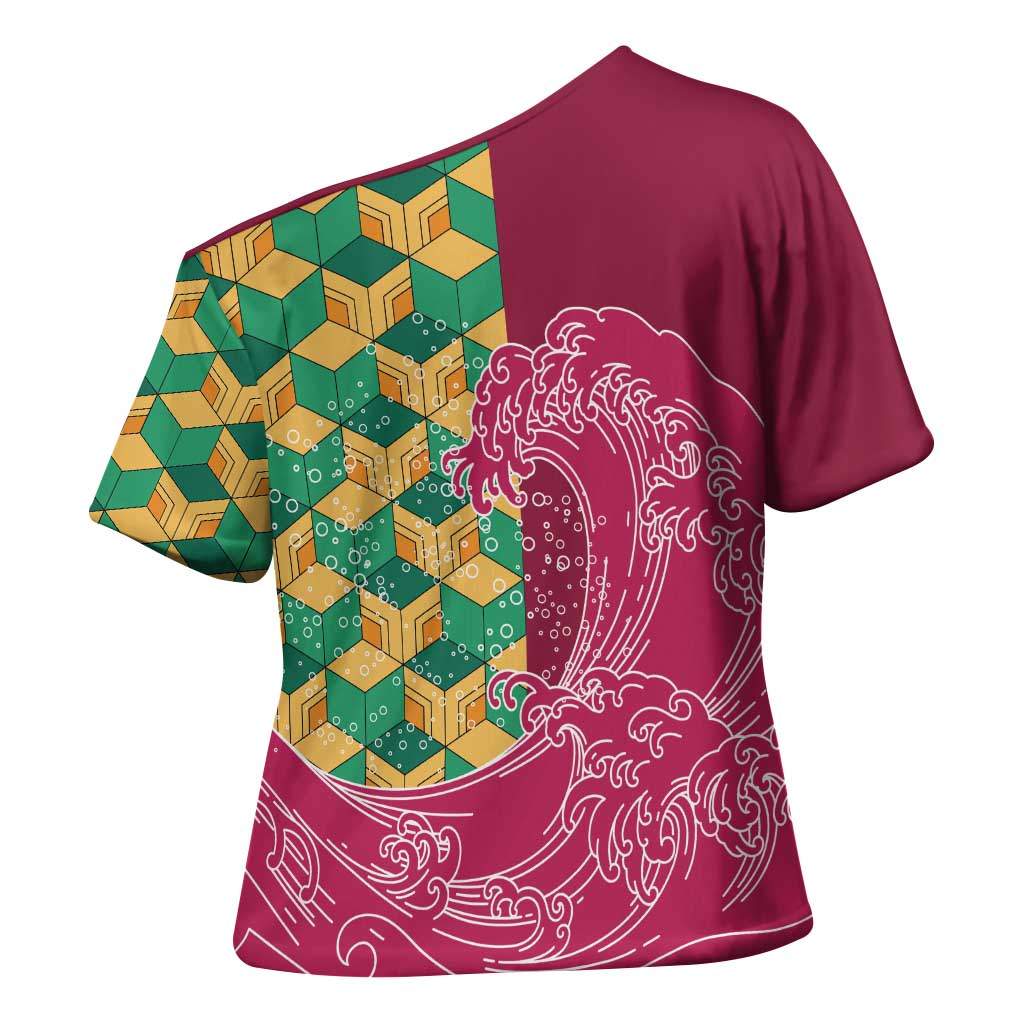 Japanese Bishamon-Kikkou Pattern Cross Shoulder Shirt Water Pillar Silent River Flow - Polynesian Pride