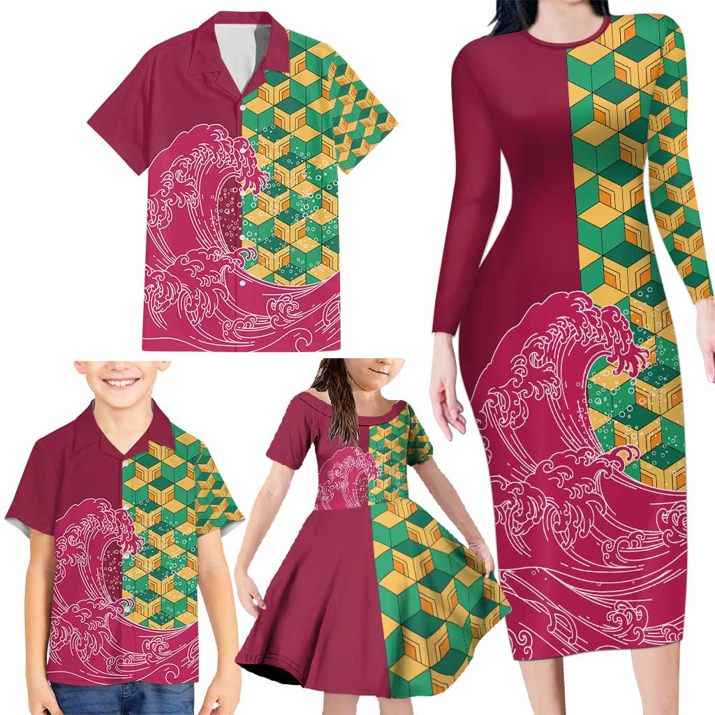 Japanese Bishamon-Kikkou Pattern Family Matching Long Sleeve Bodycon Dress and Hawaiian Shirt Water Pillar Silent River Flow LT9 - Polynesian Pride
