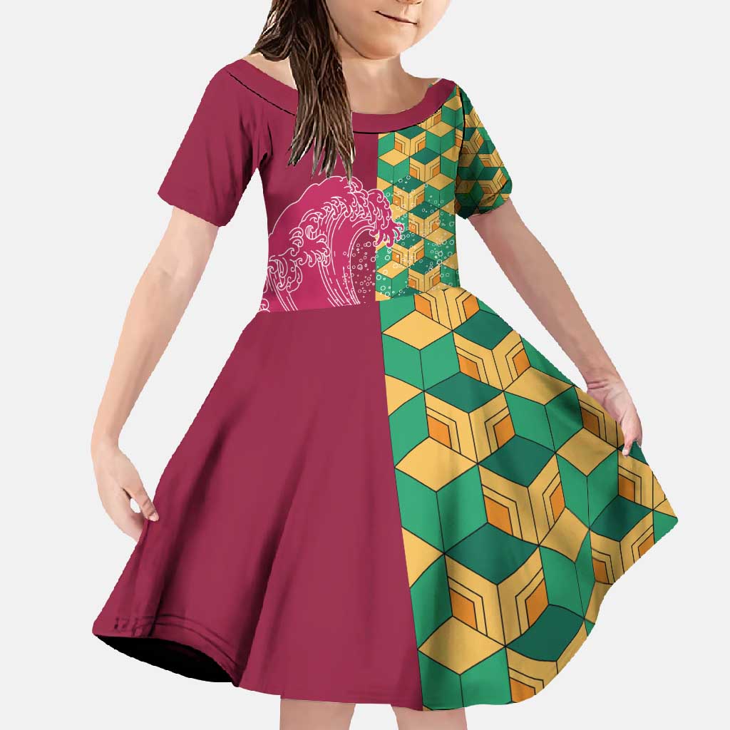 Japanese Bishamon-Kikkou Pattern Family Matching Mermaid Dress and Hawaiian Shirt Water Pillar Silent River Flow LT9 Daughter's Dress Burgundy - Polynesian Pride