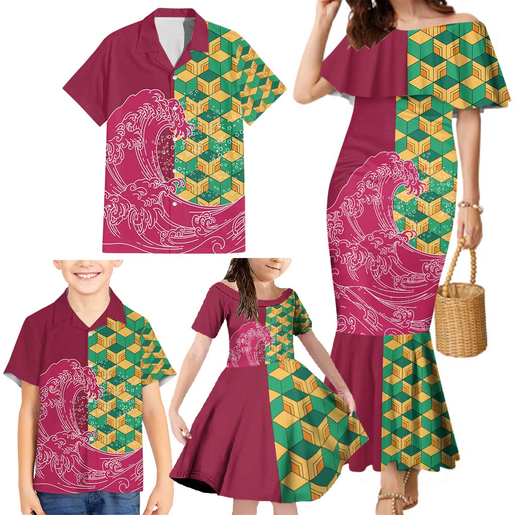 Japanese Bishamon-Kikkou Pattern Family Matching Mermaid Dress and Hawaiian Shirt Water Pillar Silent River Flow LT9 - Polynesian Pride