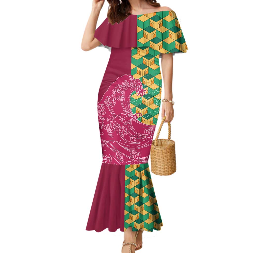 Japanese Bishamon-Kikkou Pattern Family Matching Mermaid Dress and Hawaiian Shirt Water Pillar Silent River Flow LT9 Mom's Dress Burgundy - Polynesian Pride