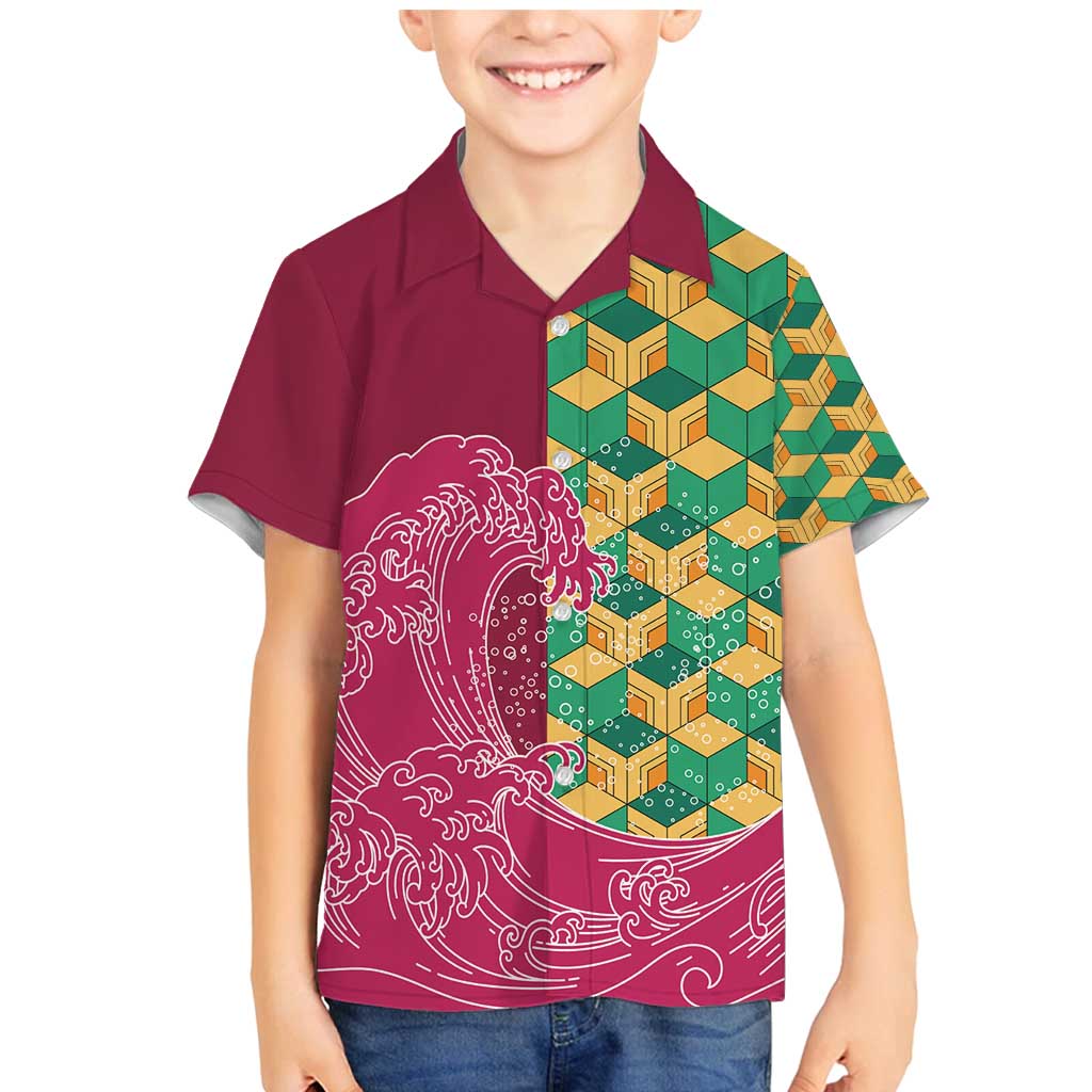 Japanese Bishamon-Kikkou Pattern Family Matching Mermaid Dress and Hawaiian Shirt Water Pillar Silent River Flow LT9 Son's Shirt Burgundy - Polynesian Pride