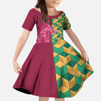 Japanese Bishamon-Kikkou Pattern Family Matching Off The Shoulder Long Sleeve Dress and Hawaiian Shirt Water Pillar Silent River Flow LT9 Daughter's Dress Burgundy - Polynesian Pride