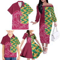 Japanese Bishamon-Kikkou Pattern Family Matching Off The Shoulder Long Sleeve Dress and Hawaiian Shirt Water Pillar Silent River Flow LT9 - Polynesian Pride