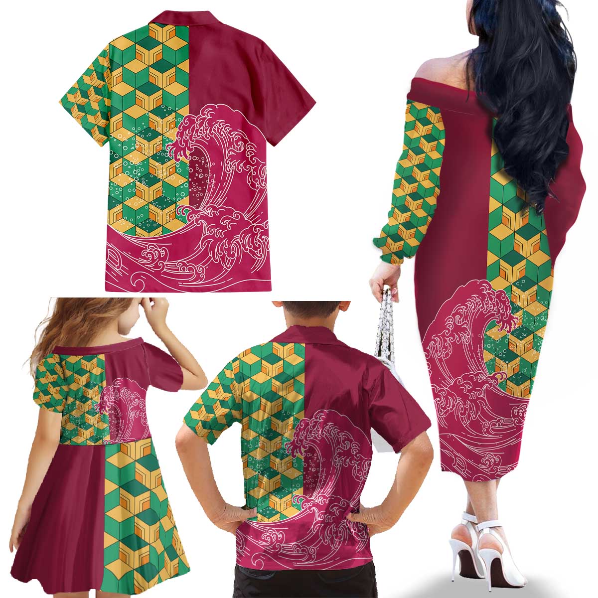 Japanese Bishamon-Kikkou Pattern Family Matching Off The Shoulder Long Sleeve Dress and Hawaiian Shirt Water Pillar Silent River Flow LT9 - Polynesian Pride