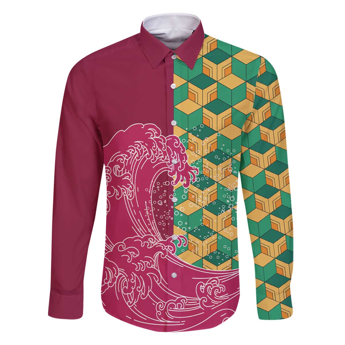 Japanese Bishamon-Kikkou Pattern Family Matching Off The Shoulder Long Sleeve Dress and Hawaiian Shirt Water Pillar Silent River Flow LT9 Dad's Shirt - Long Sleeve Burgundy - Polynesian Pride