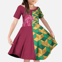 Japanese Bishamon-Kikkou Pattern Family Matching Off Shoulder Maxi Dress and Hawaiian Shirt Water Pillar Silent River Flow LT9 Daughter's Dress Burgundy - Polynesian Pride