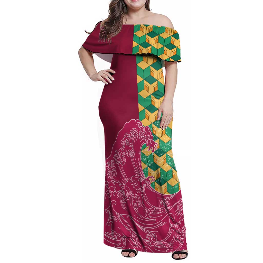 Japanese Bishamon-Kikkou Pattern Family Matching Off Shoulder Maxi Dress and Hawaiian Shirt Water Pillar Silent River Flow LT9 Mom's Dress Burgundy - Polynesian Pride
