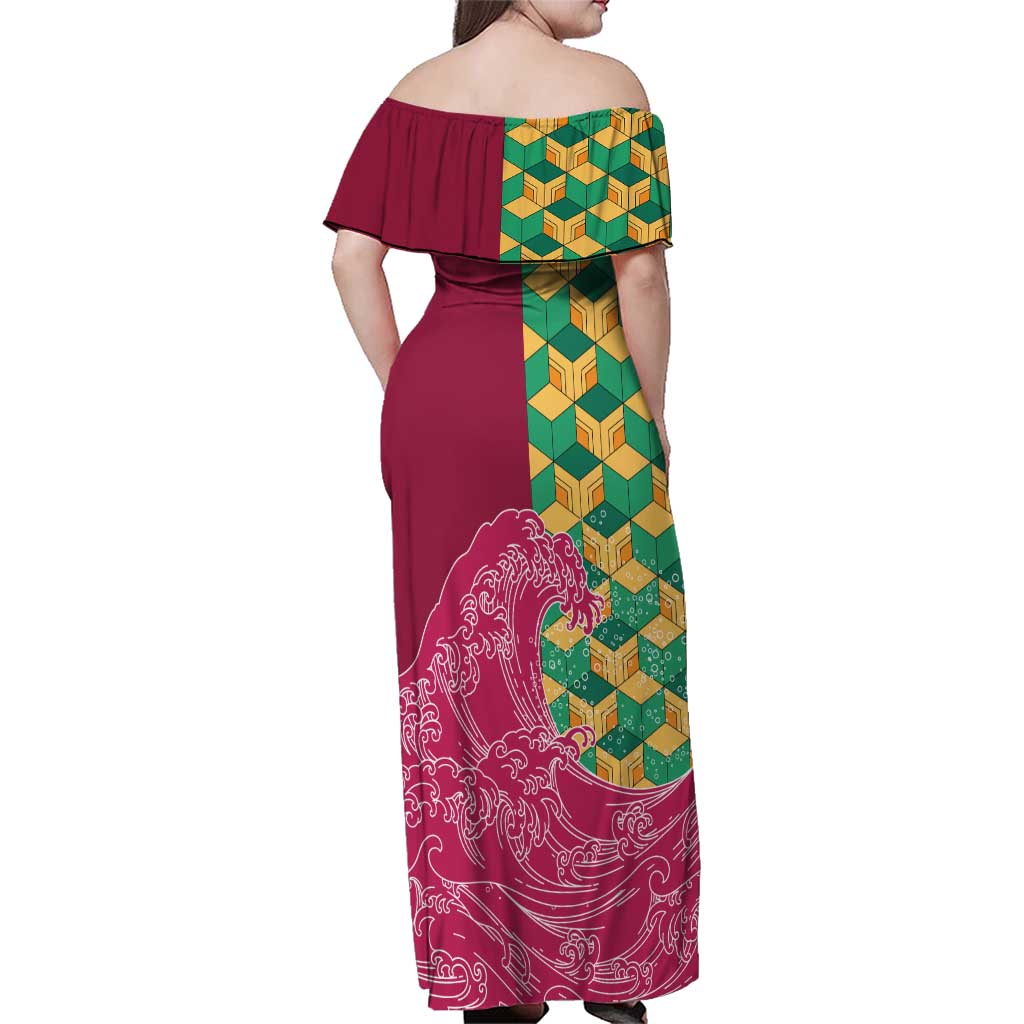 Japanese Bishamon-Kikkou Pattern Family Matching Off Shoulder Maxi Dress and Hawaiian Shirt Water Pillar Silent River Flow LT9 - Polynesian Pride