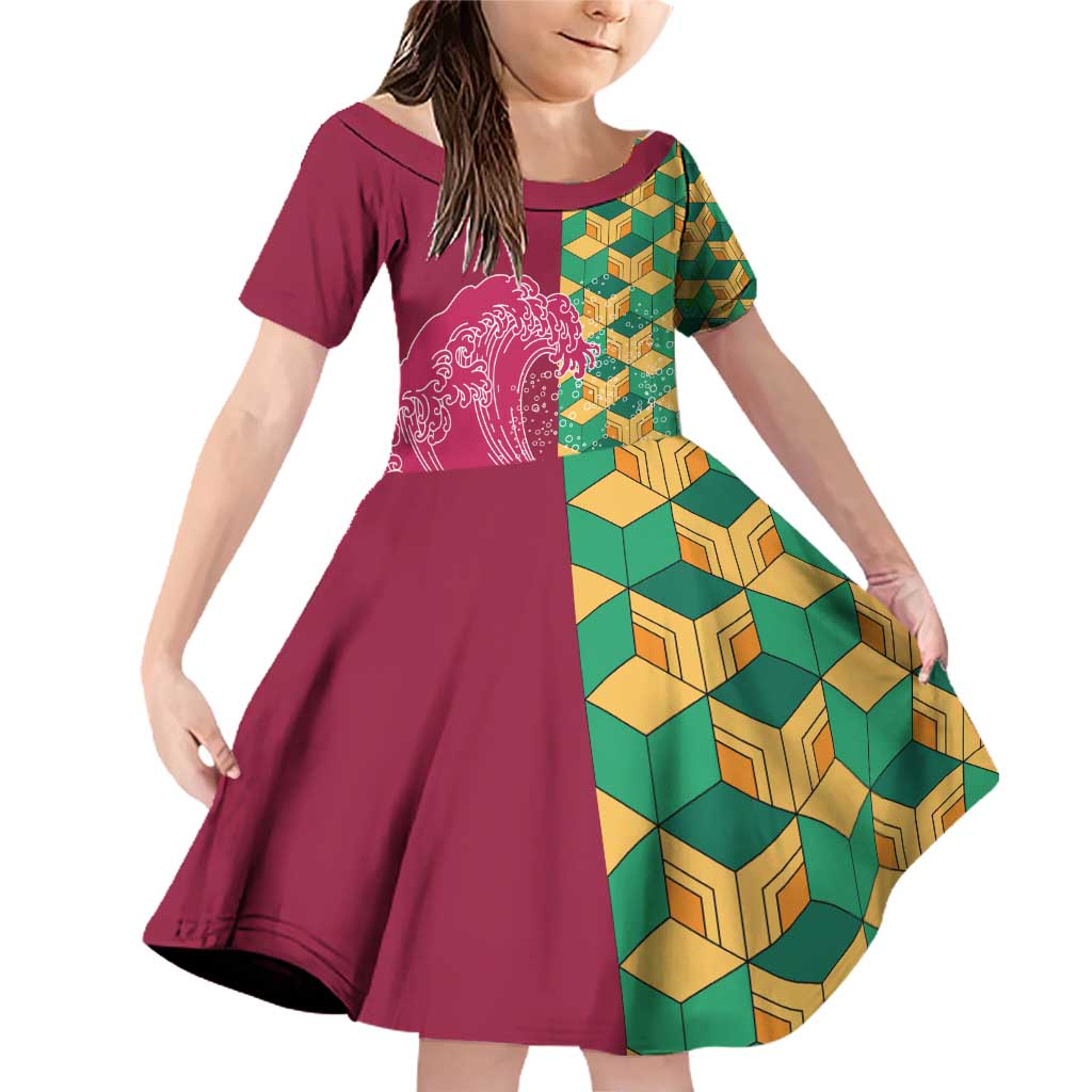 Japanese Bishamon-Kikkou Pattern Family Matching Off Shoulder Short Dress and Hawaiian Shirt Water Pillar Silent River Flow LT9 Daughter's Dress Burgundy - Polynesian Pride
