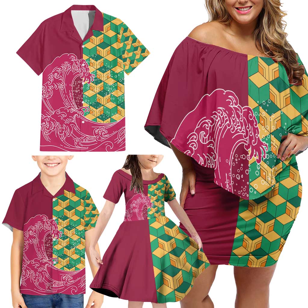 Japanese Bishamon-Kikkou Pattern Family Matching Off Shoulder Short Dress and Hawaiian Shirt Water Pillar Silent River Flow LT9 - Polynesian Pride