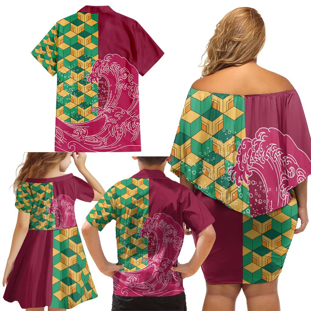 Japanese Bishamon-Kikkou Pattern Family Matching Off Shoulder Short Dress and Hawaiian Shirt Water Pillar Silent River Flow LT9 - Polynesian Pride