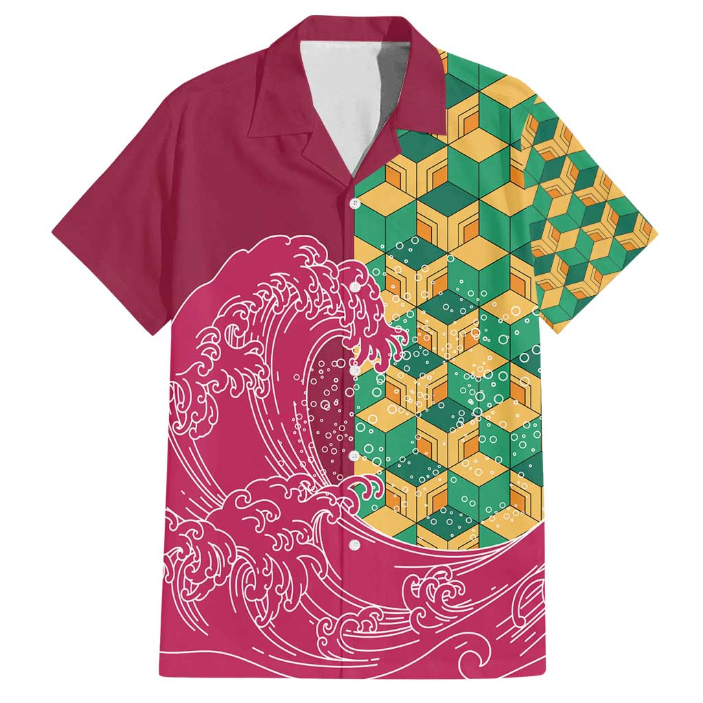Japanese Bishamon-Kikkou Pattern Family Matching Off Shoulder Short Dress and Hawaiian Shirt Water Pillar Silent River Flow LT9 Dad's Shirt - Short Sleeve Burgundy - Polynesian Pride