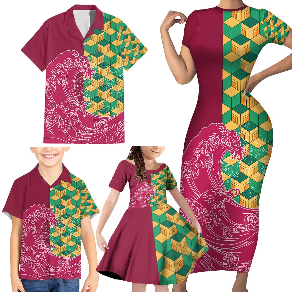 Japanese Bishamon-Kikkou Pattern Family Matching Short Sleeve Bodycon Dress and Hawaiian Shirt Water Pillar Silent River Flow LT9 - Polynesian Pride