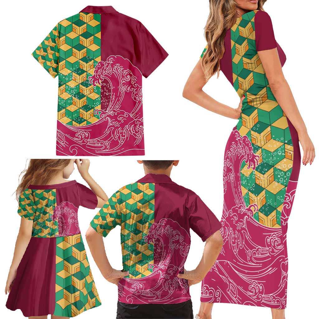 Japanese Bishamon-Kikkou Pattern Family Matching Short Sleeve Bodycon Dress and Hawaiian Shirt Water Pillar Silent River Flow LT9 - Polynesian Pride