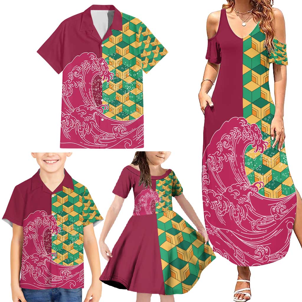 Japanese Bishamon-Kikkou Pattern Family Matching Summer Maxi Dress and Hawaiian Shirt Water Pillar Silent River Flow LT9 - Polynesian Pride