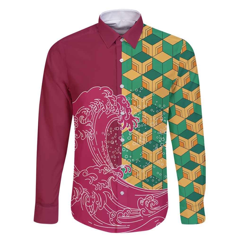 Japanese Bishamon-Kikkou Pattern Family Matching Summer Maxi Dress and Hawaiian Shirt Water Pillar Silent River Flow LT9 Dad's Shirt - Long Sleeve Burgundy - Polynesian Pride