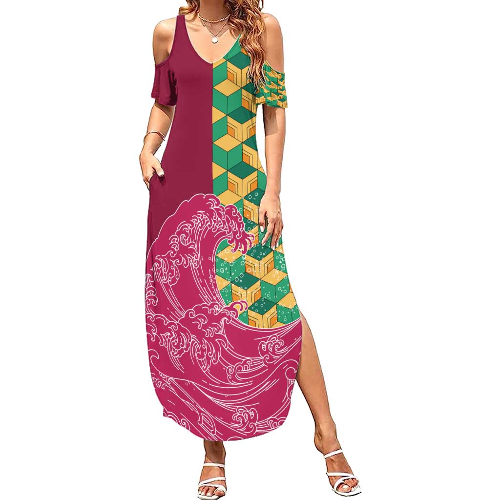 Japanese Bishamon-Kikkou Pattern Family Matching Summer Maxi Dress and Hawaiian Shirt Water Pillar Silent River Flow LT9 Mom's Dress Burgundy - Polynesian Pride