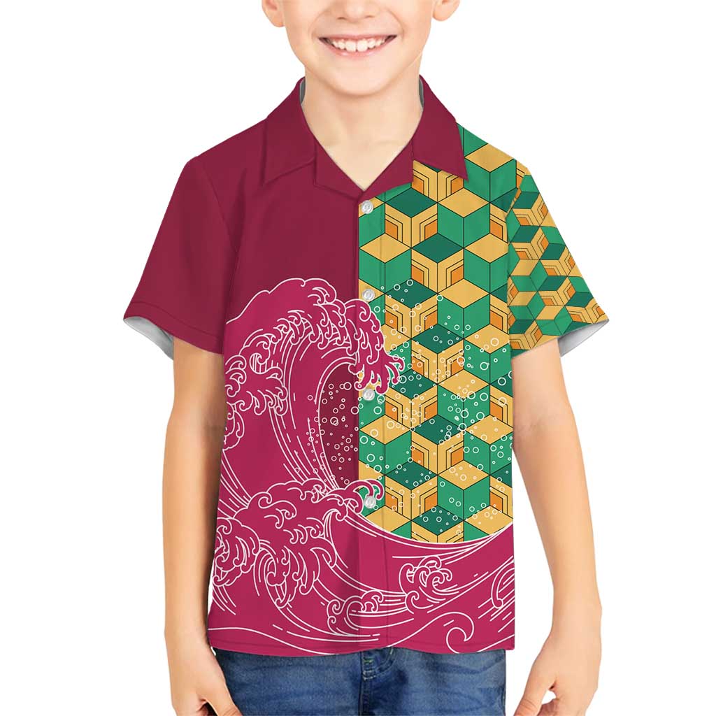 Japanese Bishamon-Kikkou Pattern Family Matching Summer Maxi Dress and Hawaiian Shirt Water Pillar Silent River Flow LT9 Son's Shirt Burgundy - Polynesian Pride
