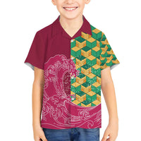 Japanese Bishamon-Kikkou Pattern Family Matching Summer Maxi Dress and Hawaiian Shirt Water Pillar Silent River Flow LT9 Son's Shirt Burgundy - Polynesian Pride