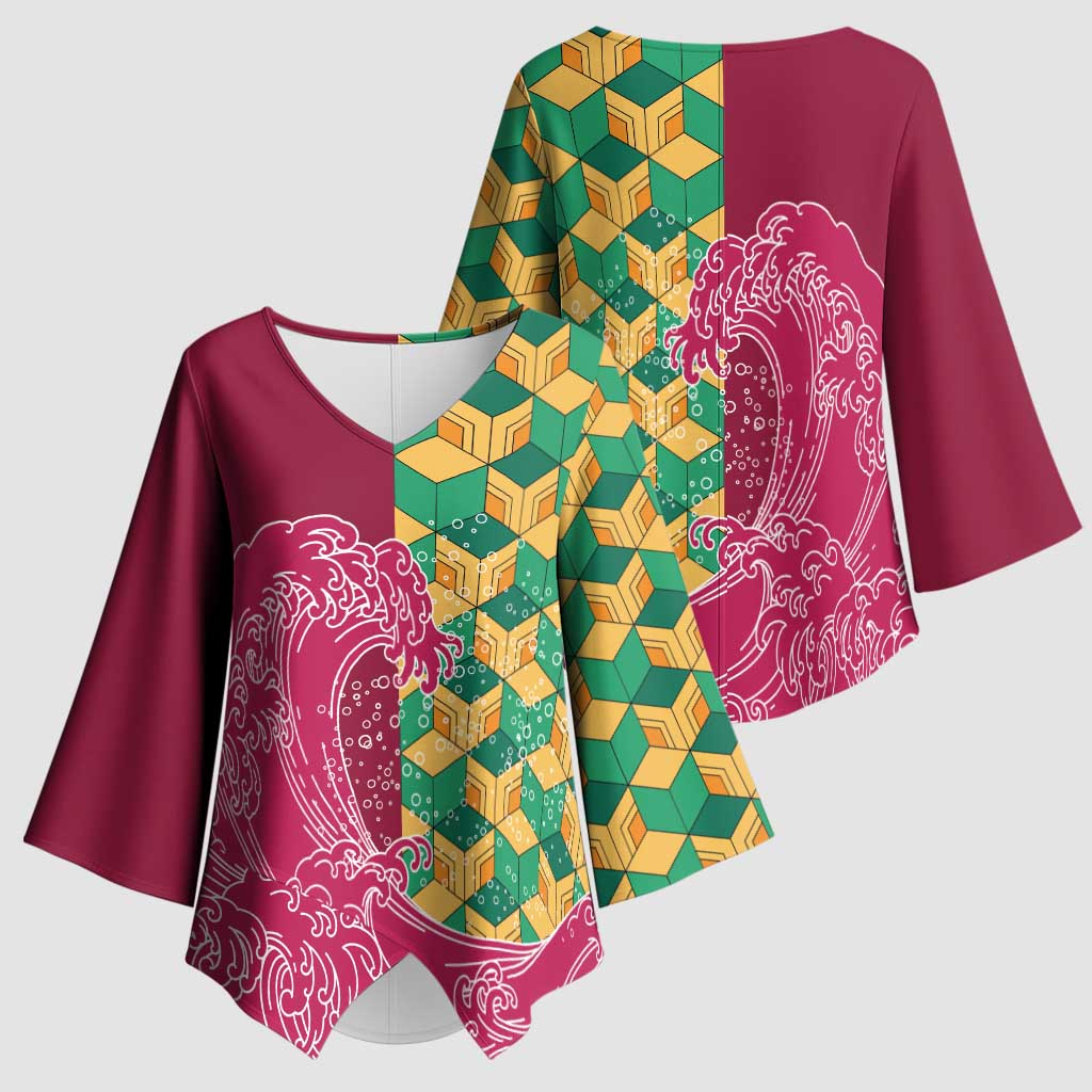 Japanese Bishamon-Kikkou Pattern Kimono Sleeve Blouse Water Pillar Silent River Flow - Polynesian Pride