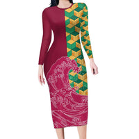 Japanese Bishamon-Kikkou Pattern Long Sleeve Bodycon Dress Water Pillar Silent River Flow LT9 Long Dress Burgundy - Polynesian Pride