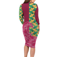 Japanese Bishamon-Kikkou Pattern Long Sleeve Bodycon Dress Water Pillar Silent River Flow LT9 - Polynesian Pride