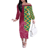 Japanese Bishamon-Kikkou Pattern Off The Shoulder Long Sleeve Dress Water Pillar Silent River Flow - Polynesian Pride