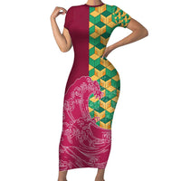 Japanese Bishamon-Kikkou Pattern Short Sleeve Bodycon Dress Water Pillar Silent River Flow LT9 Long Dress Burgundy - Polynesian Pride