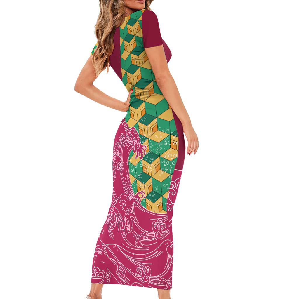 Japanese Bishamon-Kikkou Pattern Short Sleeve Bodycon Dress Water Pillar Silent River Flow LT9 - Polynesian Pride