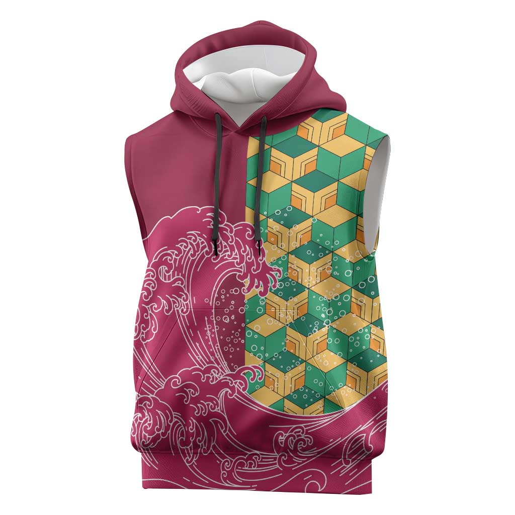 Japanese Bishamon-Kikkou Pattern Sleeveless Hoodie Water Pillar Silent River Flow LT9 Burgundy - Polynesian Pride