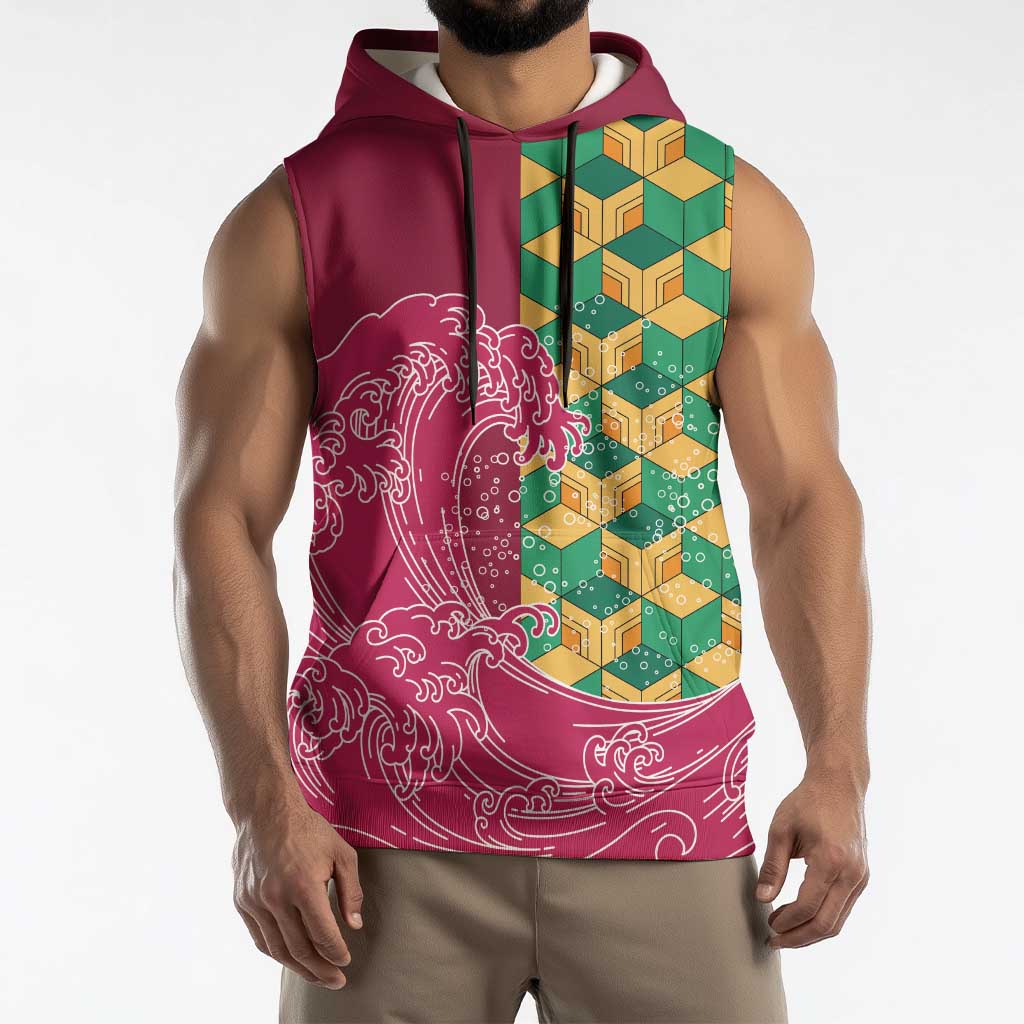 Japanese Bishamon-Kikkou Pattern Sleeveless Hoodie Water Pillar Silent River Flow - Polynesian Pride