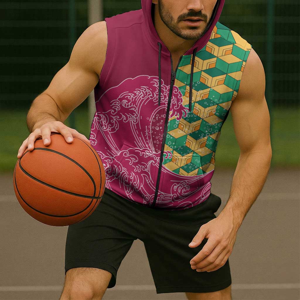 Japanese Bishamon-Kikkou Pattern Sleeveless Zip Hoodie Water Pillar Silent River Flow - Polynesian Pride