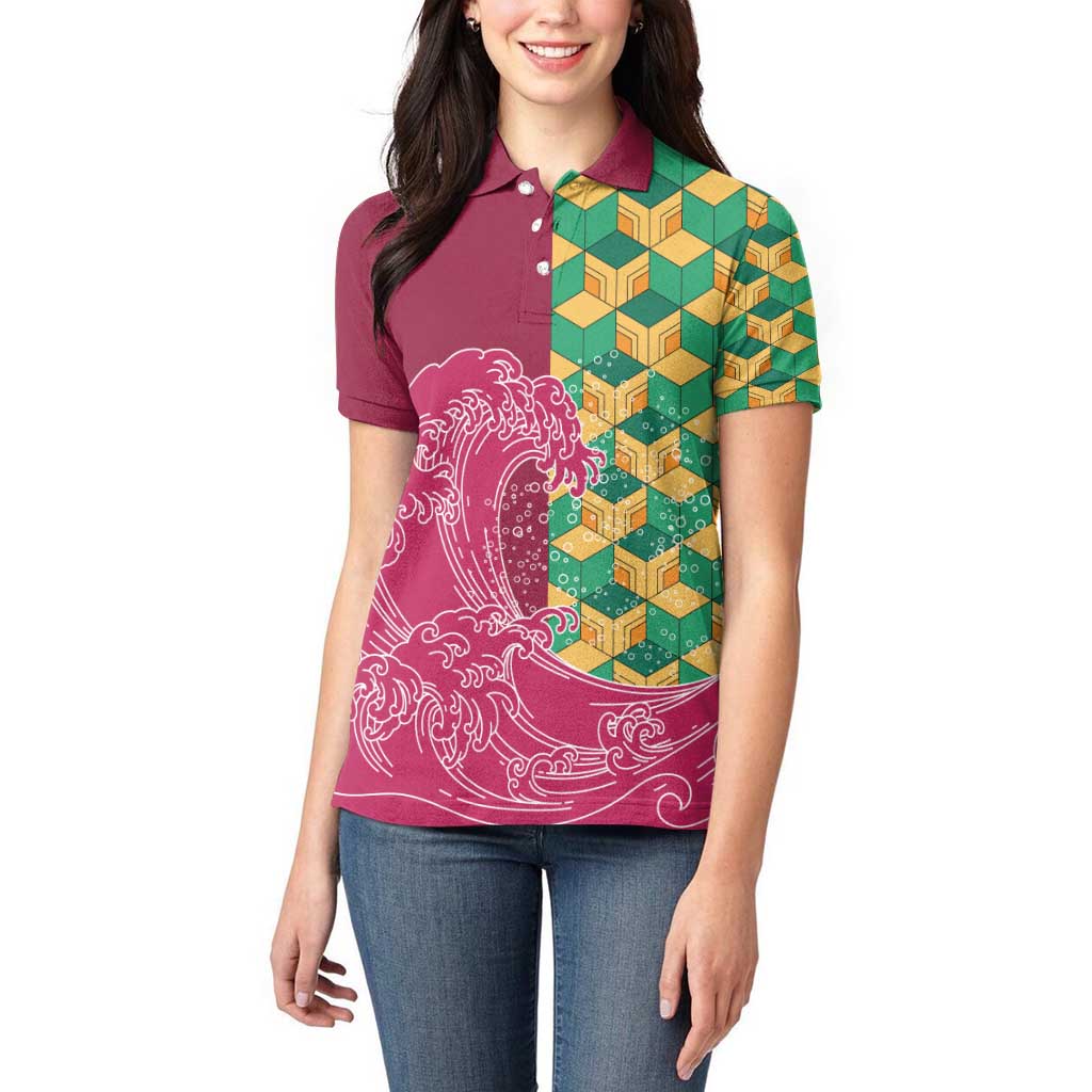 Japanese Bishamon-Kikkou Pattern Women Polo Shirt Water Pillar Silent River Flow - Polynesian Pride
