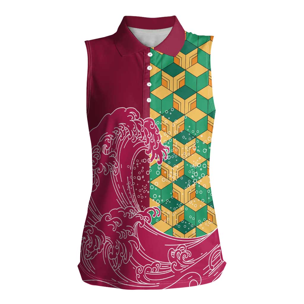 Japanese Bishamon-Kikkou Pattern Women Sleeveless Polo Shirt Water Pillar Silent River Flow LT9 Female Burgundy - Polynesian Pride