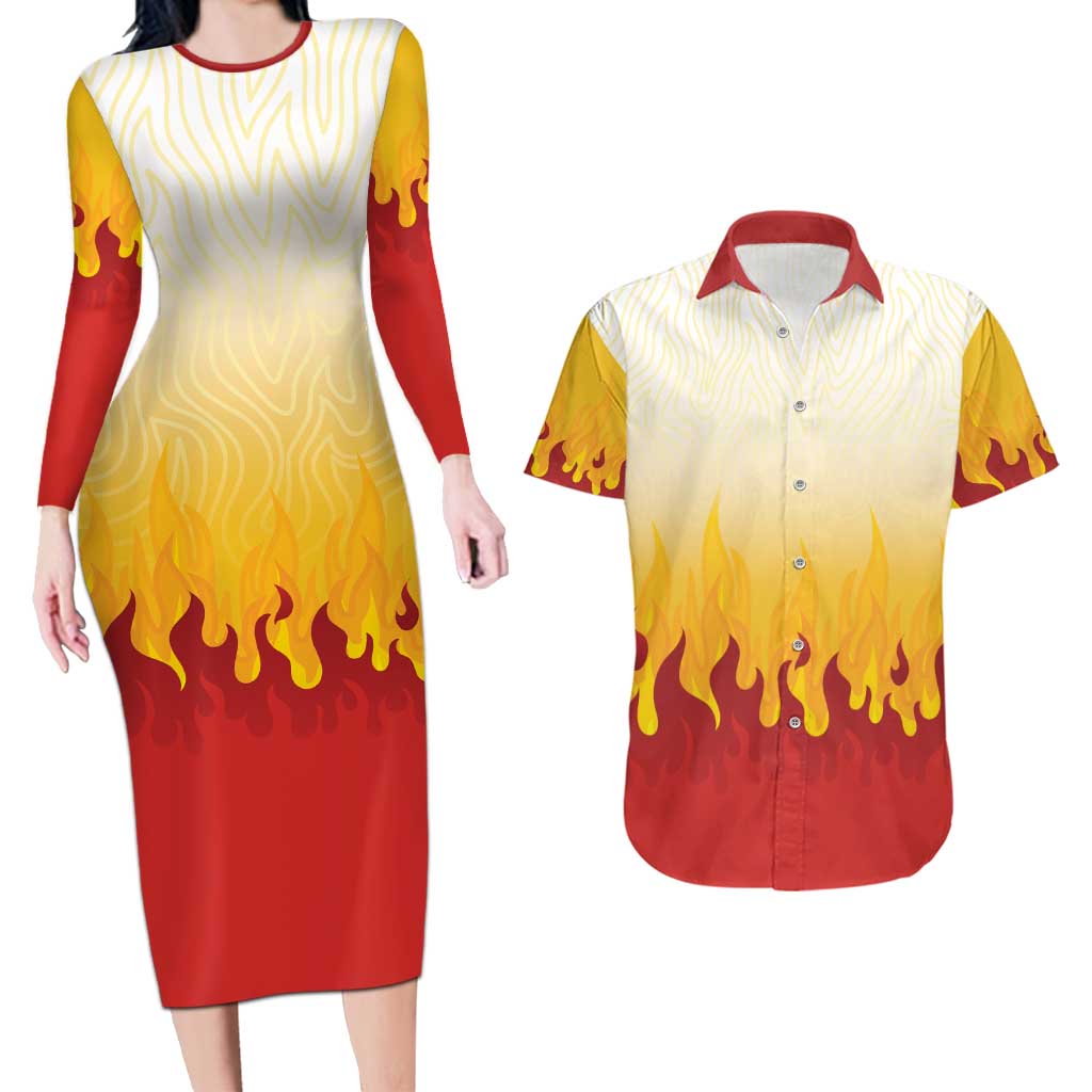 Japanese Kaen Pattern Couples Matching Long Sleeve Bodycon Dress and Hawaiian Shirt Flame Pillar Blazing Lion Heart LT9 Red - Polynesian Pride