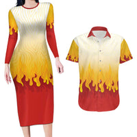 Japanese Kaen Pattern Couples Matching Long Sleeve Bodycon Dress and Hawaiian Shirt Flame Pillar Blazing Lion Heart LT9 Red - Polynesian Pride
