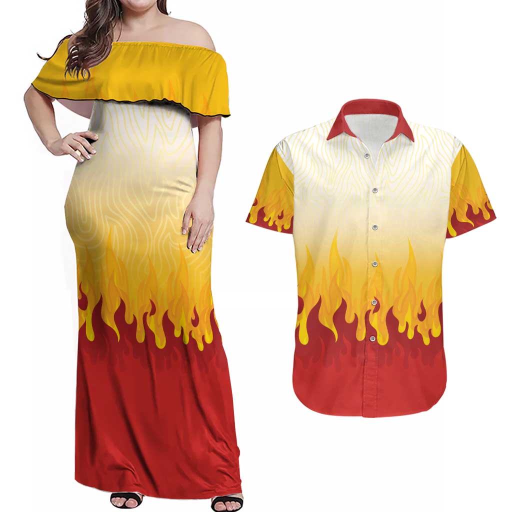 Japanese Kaen Pattern Couples Matching Off Shoulder Maxi Dress and Hawaiian Shirt Flame Pillar Blazing Lion Heart LT9 Red - Polynesian Pride