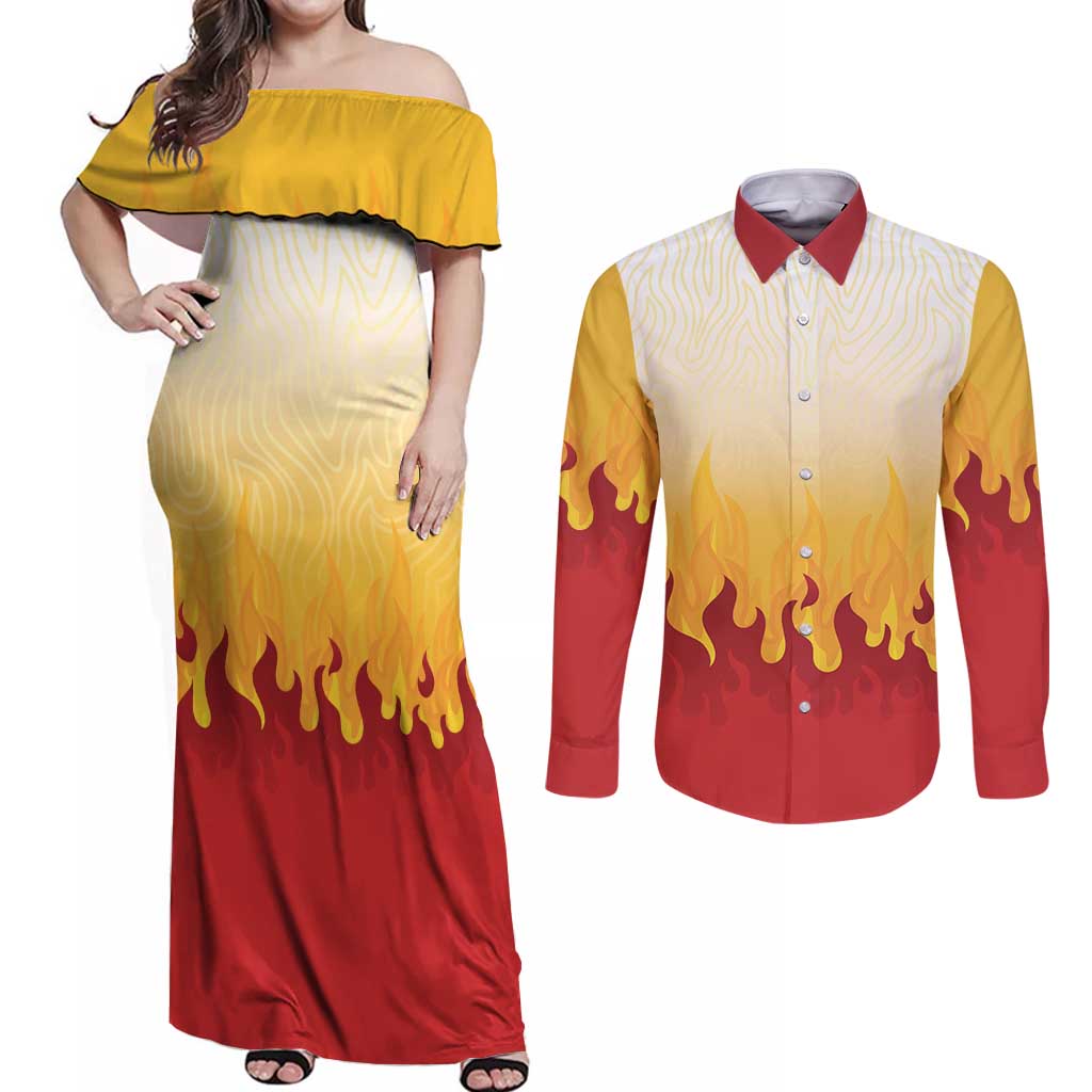 Japanese Kaen Pattern Couples Matching Off Shoulder Maxi Dress and Long Sleeve Button Shirt Flame Pillar Blazing Lion Heart LT9 Red - Polynesian Pride