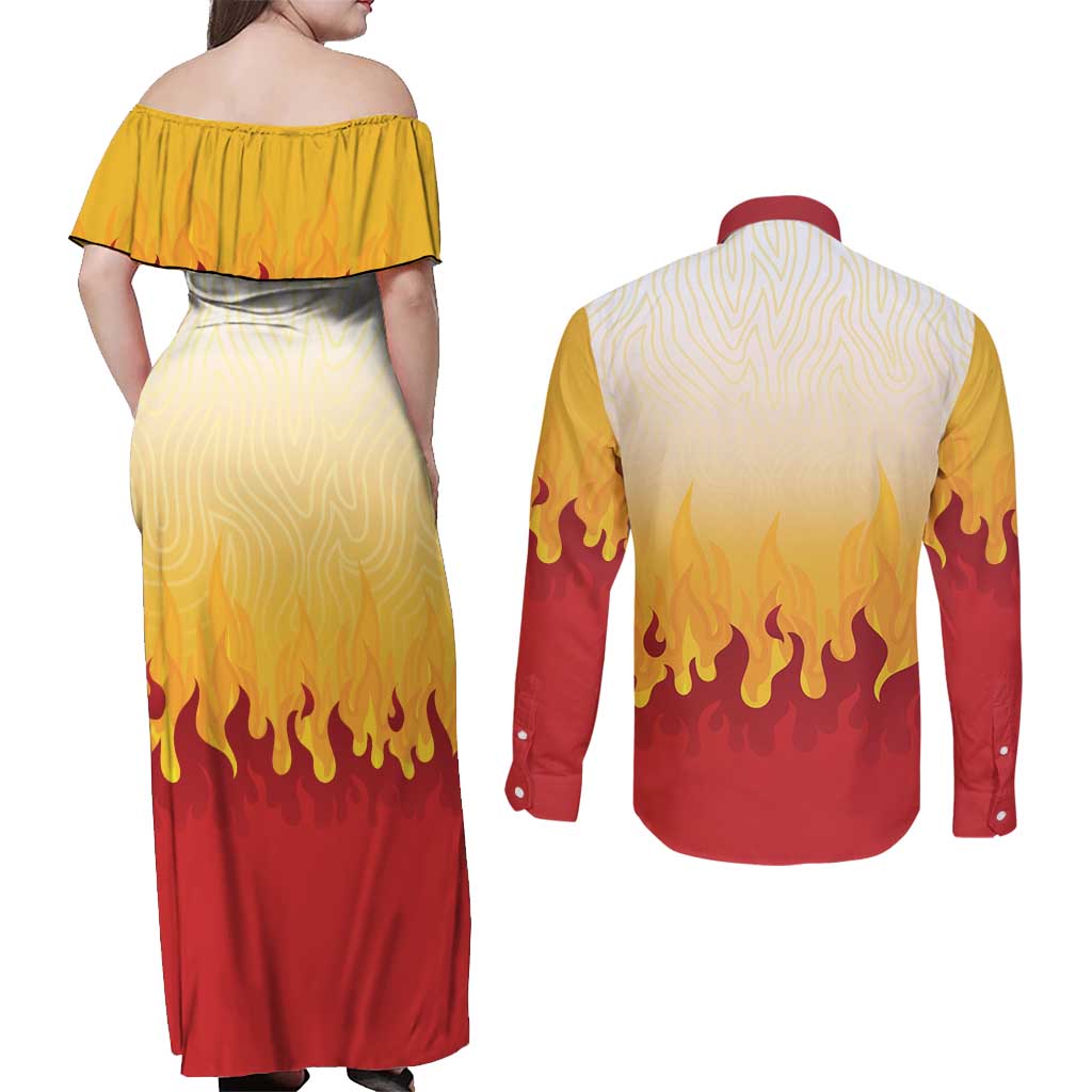 Japanese Kaen Pattern Couples Matching Off Shoulder Maxi Dress and Long Sleeve Button Shirt Flame Pillar Blazing Lion Heart - Polynesian Pride