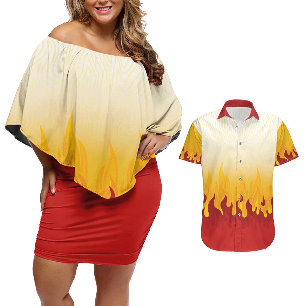 Japanese Kaen Pattern Couples Matching Off Shoulder Short Dress and Hawaiian Shirt Flame Pillar Blazing Lion Heart LT9 Red - Polynesian Pride