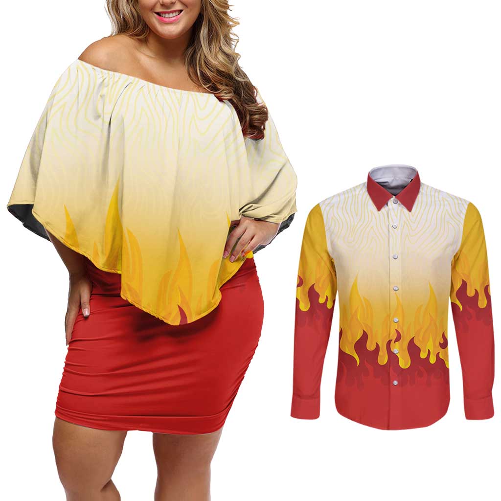 Japanese Kaen Pattern Couples Matching Off Shoulder Short Dress and Long Sleeve Button Shirt Flame Pillar Blazing Lion Heart LT9 Red - Polynesian Pride